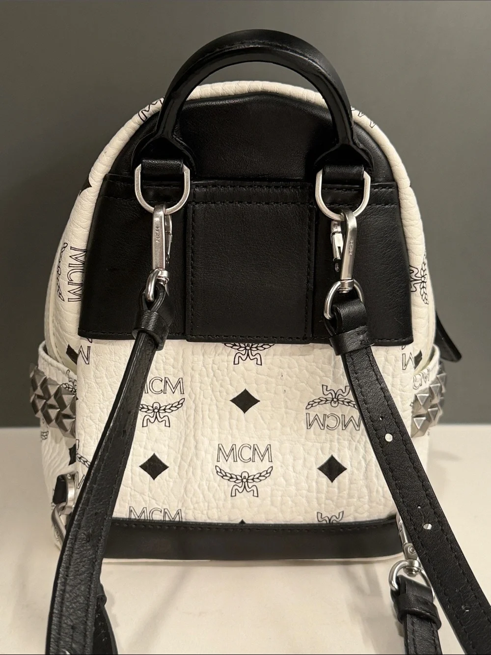 MCM White Mini Visetos Logo Backpack with Black and Silver Accents with COA